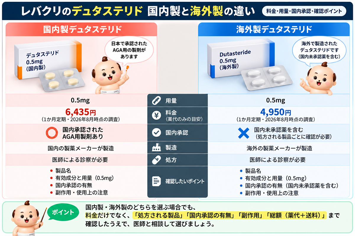 レバクリのデュタステリド 国内製 vs 海外製」比較図。0.5mg・料金・国内承認・確認ポイントを比較